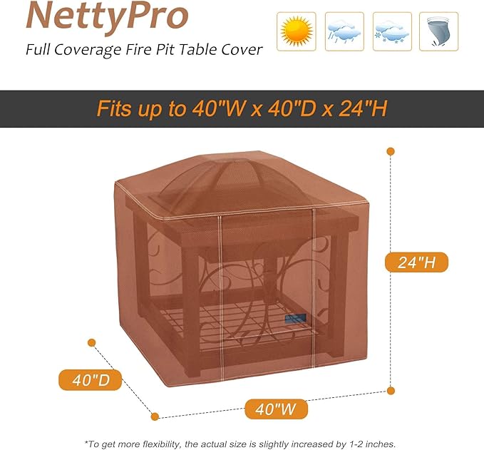NettyPro Fire Pit Cover Square Waterproof Outdoor Firepit Cover for Gas Propane Fire Pit Table, 40 x 40 x 24 inch, Brown