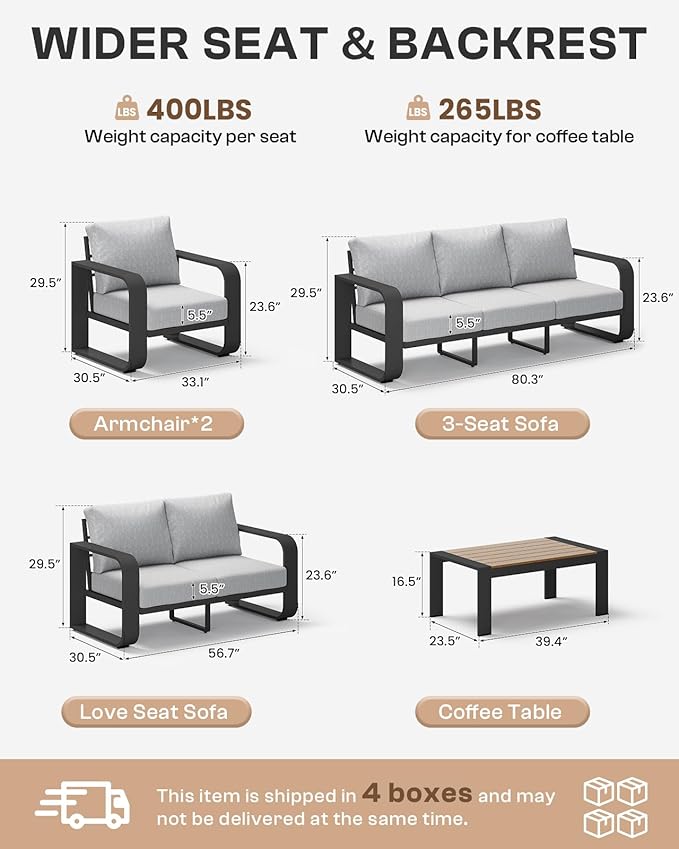 Oasbira Aluminum Outdoor Sofa Bistro Set, Oversized Patio Conversation Sets Widened Armrest & Ultra-Thick Cushions, Deep Seating Patio Furniture Set for Backyard, Porch, Gray