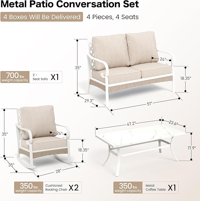 SUNSHINE VALLEY 4 Piece Metal Outdoor Patio Furniture Sets, Patio Conversation Sets 1 2-Seater Sofa, 2 Single Sofa with 5.75" Thick Cushion and Coffee Table, White Frame Backyard Furniture, Beige