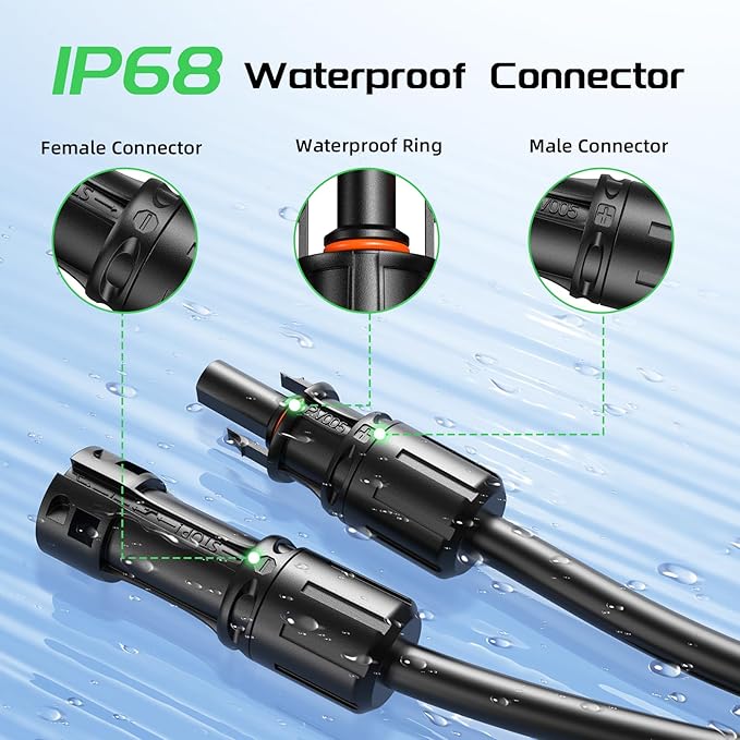 Bateria Power 30 Feet 8AWG Solar Panel Extension Cable, 10mm² Twin Wire Conductor Parallel Solar Wire Adapter Kit with Waterproof Female & Male Solar Connectors for RV, Marine, Photovoltaic Systems