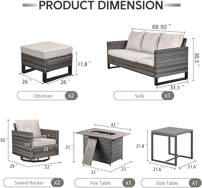 7 Piece Wicker Patio Furniture with Fire Pit Table - Outdoor Conversation Set with 50,000 BTU Fire Pit, All Weather Rattan Patio Set for Deck Backyard Garden - Grey Wicker Beige Cushion