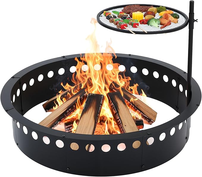 36 Inch Smokeless Fire Pit Ring with Grill Fire Ring for Outside Heavy Duty Metal Firepit Insert Round Steel Large Above/In-Ground Camping Firepit for Outdoor Patio Picnic BBQ Garden
