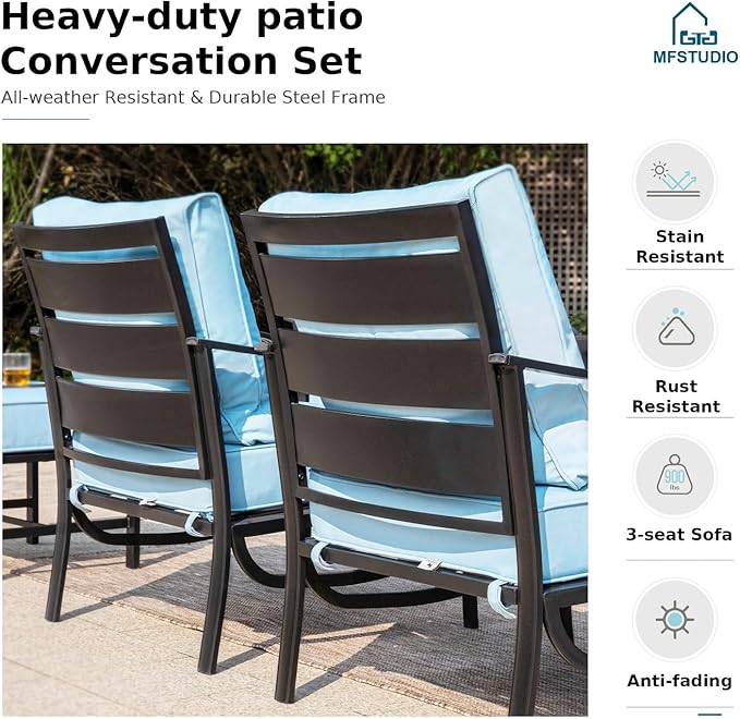 MFSTUDIO Patio Furniture Sets with 45" Gas Fire Pit Table, 8 Pieces Outdoor Metal Conversation Sets with 1 x 3-Seat Sofa, 2 Single Chairs, 2 Swivel Chairs and 2 Ottomans, Blue Cushion