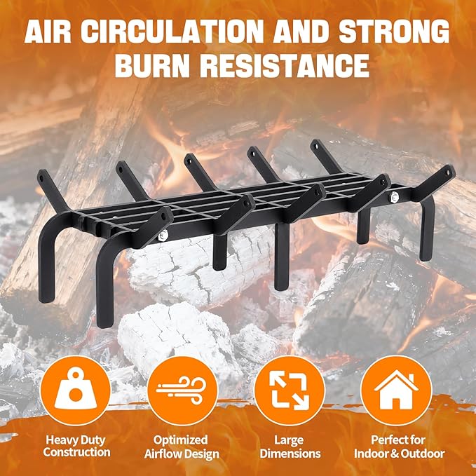 Fireplace Grates 22 inch Fire Place Grate Heavy Duty High Carbon Steel Fireplace Log Grate for Indoor Outdoor Firewood Stove Log Holder Rack Wood Burning Fireplace Accessories