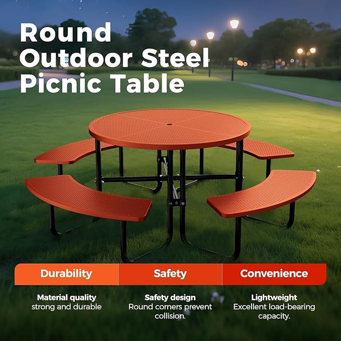 KUFUH 46" Coated Round Metal Picnic Table for 4-8 Person, Durable Heavy Duty Commercial Picnic Table with Umbrella Hole for Outdoor Coffee Shop, School, Easy to Install, Orange