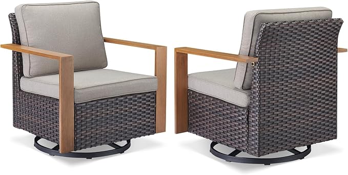 Rilyson Outdoor Wicker Patio Furniture Set - 5 Piece Patio Conversation Set with 2 Wicker Swivel Rocker Chairs,2 Rattan Ottoman and 1 Couch,Thick Cushions,Deep Seating,Wide Armrest(Brown/Grey)