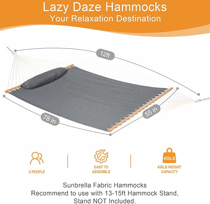 Lazy Daze Hammocks 12 FT Sunbrella Fabric Hammock not Fading with Spreader Bars and Free Pillow Fits for 2 Persons, All Weather and Fade Resistant for Patio Yard, 450 lbs Capacity, Cast Slate