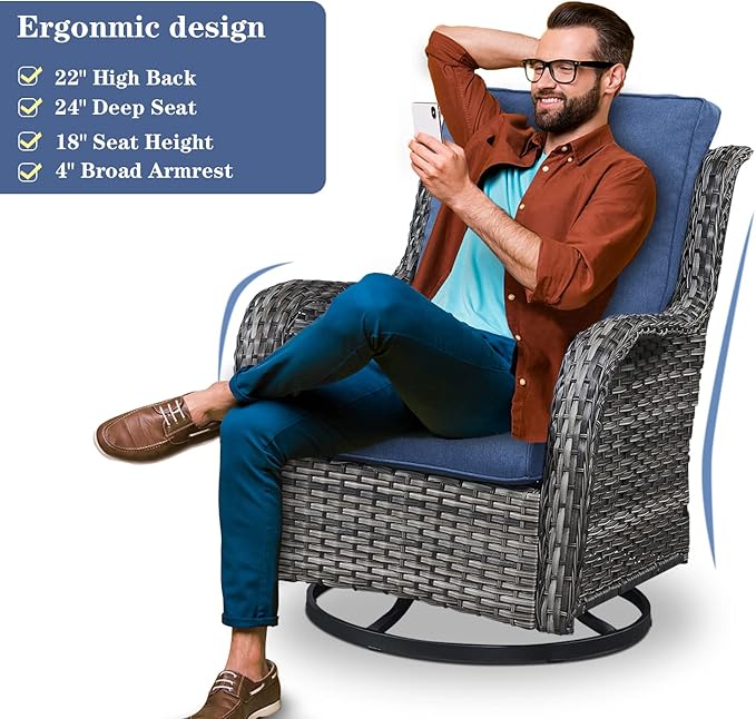 Belord Outdoor Furniture Sectional Sofa L Shaped Couch - Patio Wicker Set with 2 Swivel Glider Chairs, 5 Piece Rattan Patio Conversation Sets with Blue Cushion for Deck Backyard Sunroom