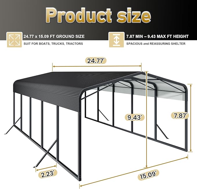 15x25 12x20 FT Heavy Duty Metal Carport, Black All-Weather Car Shelter with Reinforced Steel Frame & Leak-Proof Roof, 100MPH Wind Resistance for Cars, Boats, Trucks, Outdoor Parties