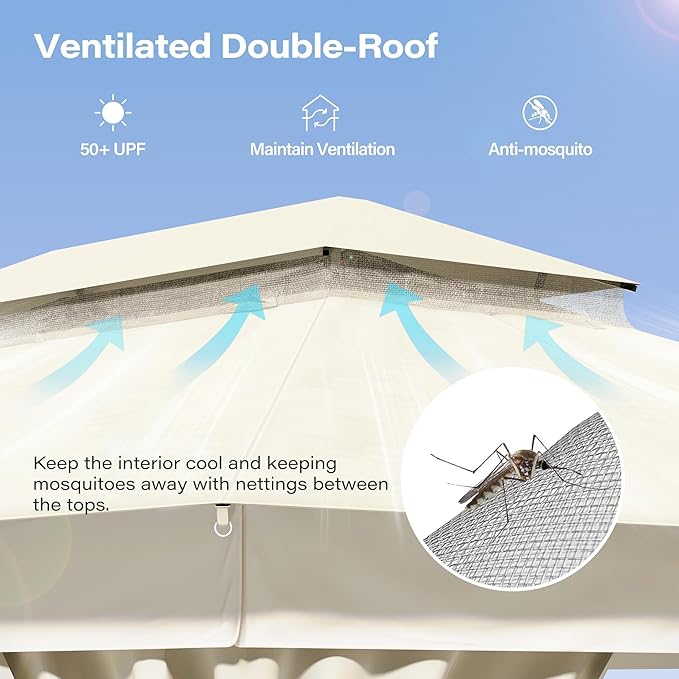 LAUSAINT HOME Gazebo 10x13ft, Heavy Duty Patio Gazebo with Expansion Bolts, Party Canopy Tent with Double Roofs, Mosquito Nettings and Privacy Screens for Backyard, Garden, Lawn, Cream White