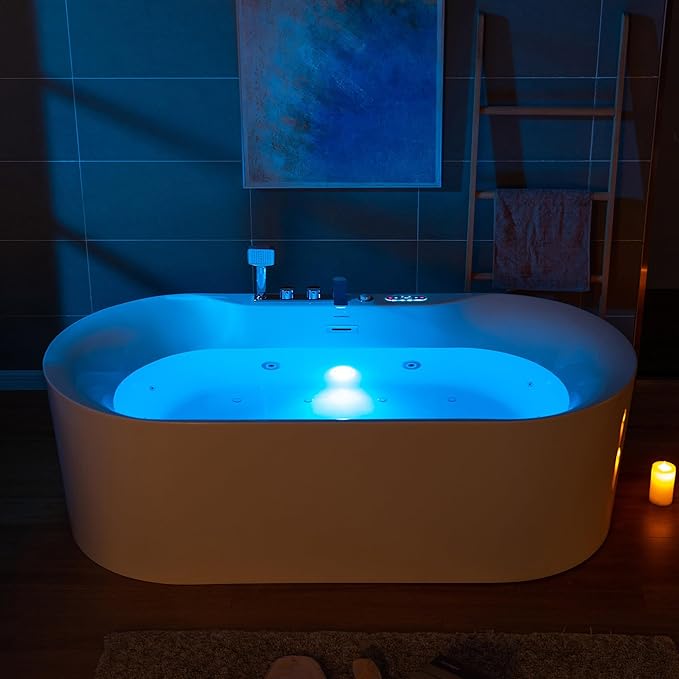 WOODBRIDGE 72" x 35-3/8" Whirlpool and Air Bath Heated Soaking Combination Tub with Adjustable Speed Air Blower, Tub Filler and Display Control Panel, White,BJ-600+F0041