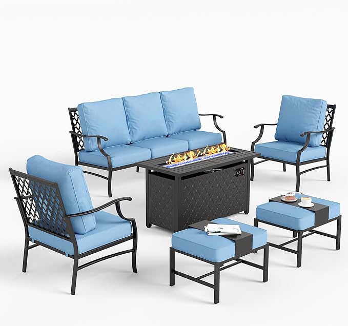 SUNSHINE VALLEY 6 Piece Metal Outdoor Patio Furniture Set with Firepit Table, Patio Conversation Set 1 3-seater Sofa, 2 Fixed Chair, 2 Ottomans with 5.75" Thick Cushion, Black Backyard Furniture, Blue