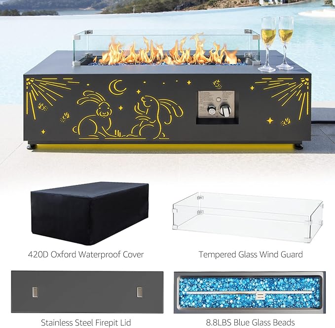NICESOUL Outdoor Natural Gas/Propane Firepit Table, 42'' Rectangular Fire Pit with Hidden Tank Table, 50000 BTU Modern All-Weather Metal Fireplace with LED Light for Outside Patio, CSA Certified, Grey