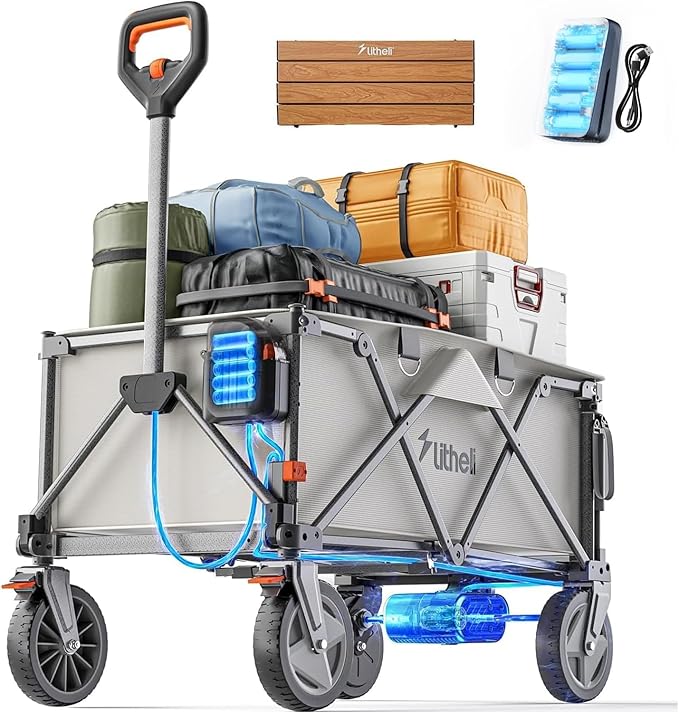 Litheli Electric Wagon Cart with 1 Battery, All-Terrain Wheels & Variable Speed | 200L Capacity, 300 lbs Heavy-Duty Utility Wagon for Camping Beach Garden Shopping, White+Table