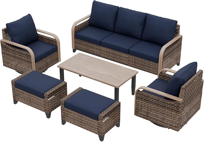 EAGLE PEAK Modern Wicker Outdoor Patio Furniture Set, Patio Conversation Set, 2 Swivel Rocking Chairs, 3-Seat Loveseat, 2 Ottomans and Coffee Table, 6 Pieces, Brown/Blue