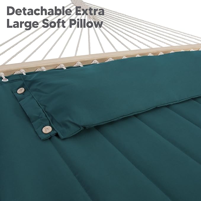 SUNCREAT Hammocks Extra Large Double Hammock with 12 ft Stand for Outside, 475lbs Capacity, Outdoor Portable Hammock with Hardwood Spreader Bar, Extra Large Pillow, Dark Green