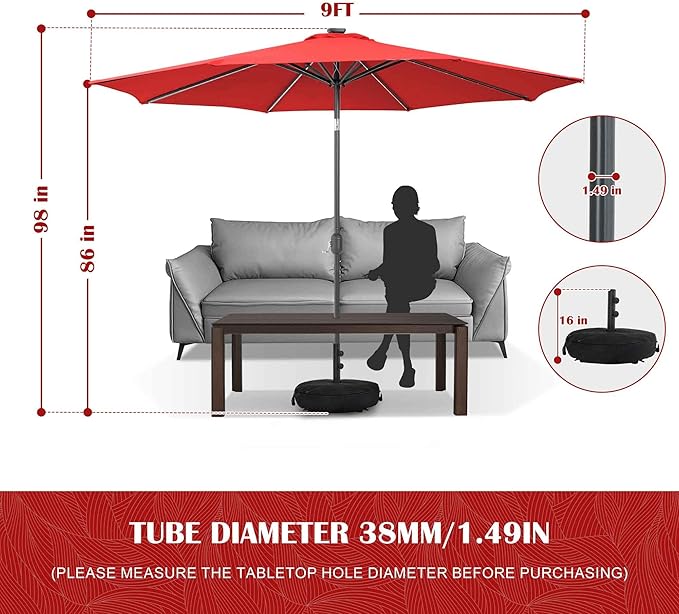 Sundale Outdoor Olefin 5-Year-Non-Fading Solar 80 LED 9 FT Solar Patio Umbrella with Sand Bag Base, Outdoor Umbrella with Tilt and Crank, Red