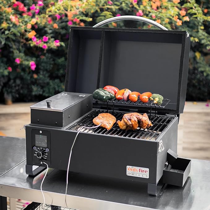 BBQ Wood Pellet Grill Smoker with Meat Probe, 2 Tiers Cooking Area, Portable Tabletop Grilling Stove for Outdoor Kitchen Cooking Smoke and Roast, RV Camping, Black GS314