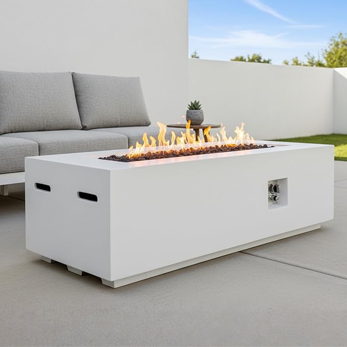 60" MGO Propane Fire Pit Table, 60,000 BTU Rectangular Gas Fire Pit for Outside Patio, Backyard, Pool, Free Lava Rocks & Rain Cover, White