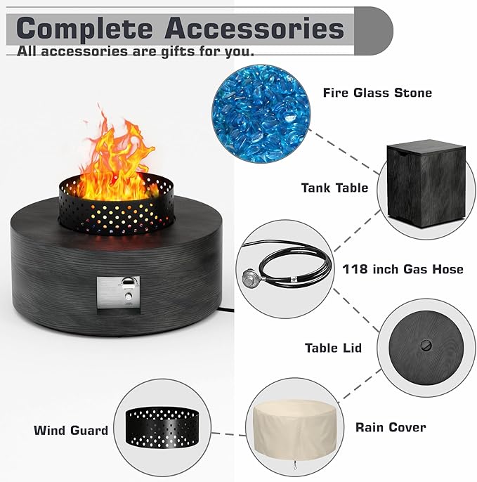 Wood Grain 30'' Patio Fire Pit Table Round, Propane Gas Fire Table 50,001 BTU, Outdoor Firepit & Fireplace for Patio, Black