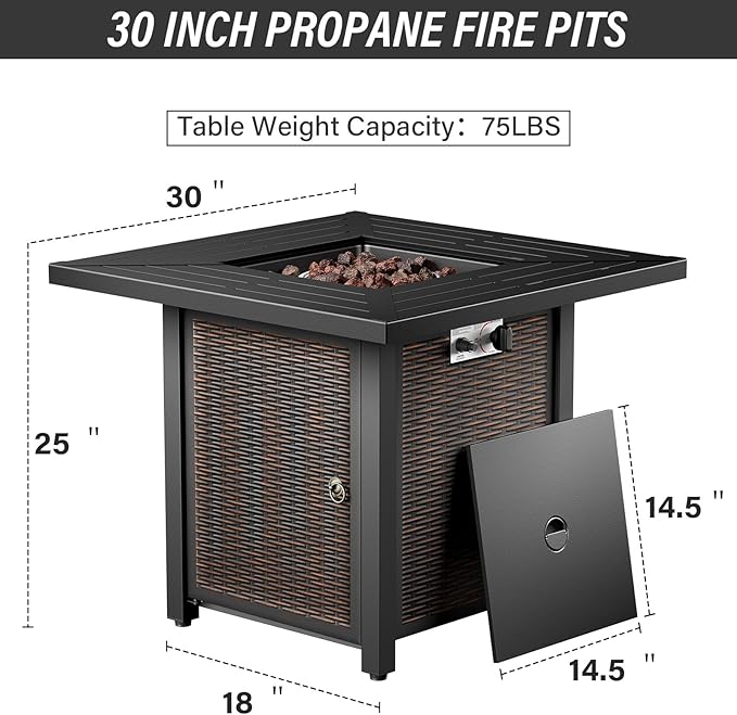 Belord 7-Piece Modern Black Wicker Patio Conversation Set - 4 Swivel Glider Chairs & 50,000 BTU Propane Fire Table