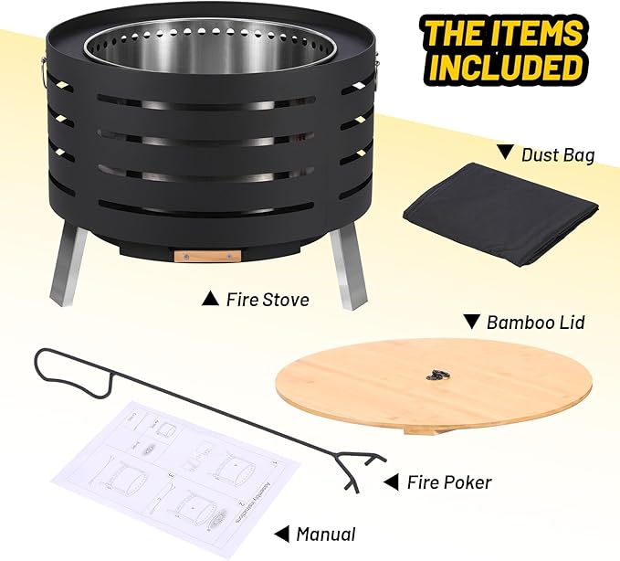 GarveeLife 26 in Smokeless Fire Pit with Removable Ash Pan, Wood Burning Firepit Table with Fire Poker,Smokeless Outdoor Fireplace with Carrying Bag, Outdoor Fire Pits for Bbq, Table, Bonfire, Camping