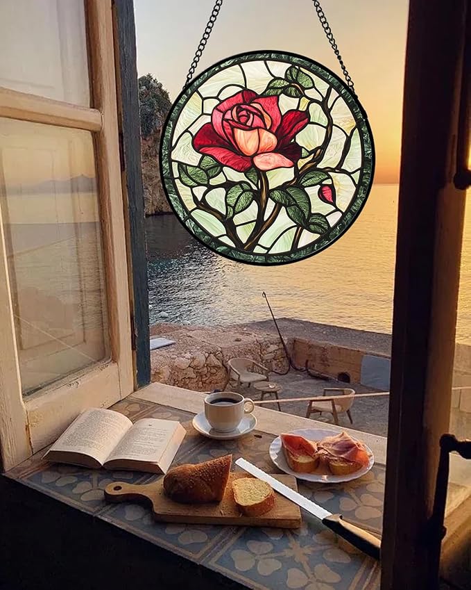 AMDERVEN Stained Glass Window Hanging, Red Rose Flowers Sun Catcher for Door Garden Home Decor Suncatcher Christmas Mother's Day Birthday Gifts for Women Lovers Men Wife Girlfriend Mom Nana 6.3 in