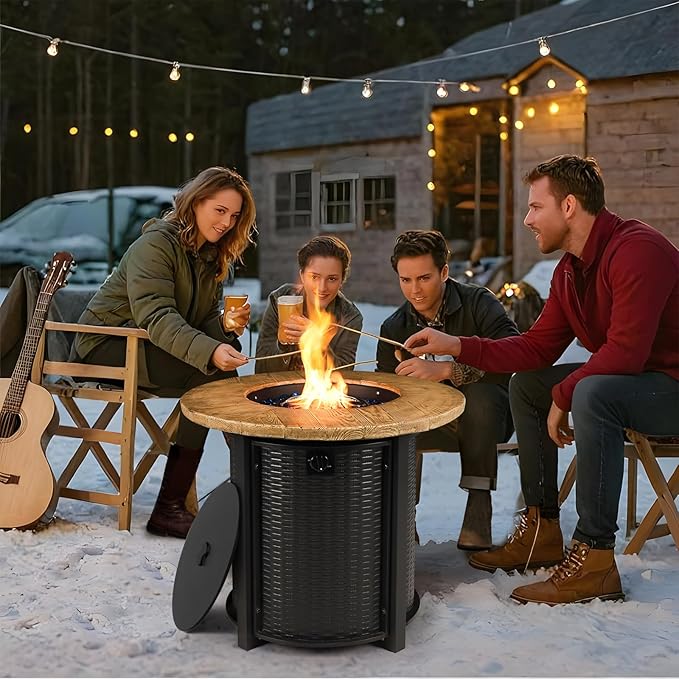 30 Inch Round Propane Fire Pit,50,000 BTU Iron Gas Firepit with Ignition Systems,w/Lid,Glass Stones,Outdoor Fire Table for Outside Patio,Deck-Black
