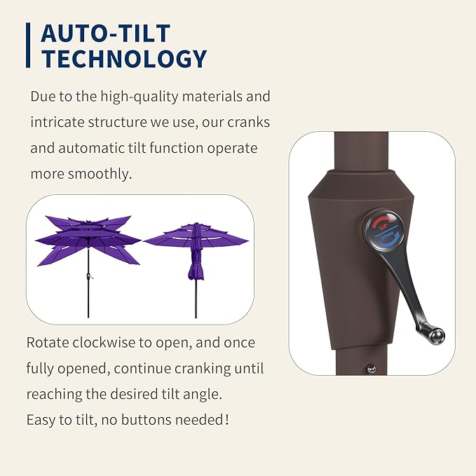9FT 3 Tiers Patio Umbrella With Auto Tilt And Crank, Outdoor Table Market Umbrella with 8 Sturdy Ribs for Garden, Lawn, Deck, Backyard and Pool