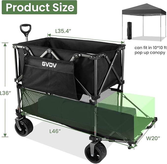 GVDV Double Decker Wagon 500LB Capacity & 400L Collapsible Carts with All-Terrain Wheels, 46" Extra Long Extender Cart with Nylon Netting, Foldable Wagon for Beach Camping Garden Sports