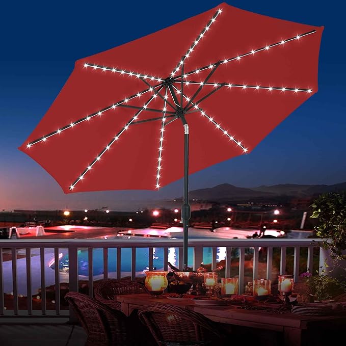 Sundale Outdoor Olefin 5-Year-Non-Fading Solar 80 LED 9 FT Solar Patio Umbrella with Sand Bag Base, Outdoor Umbrella with Tilt and Crank, Red