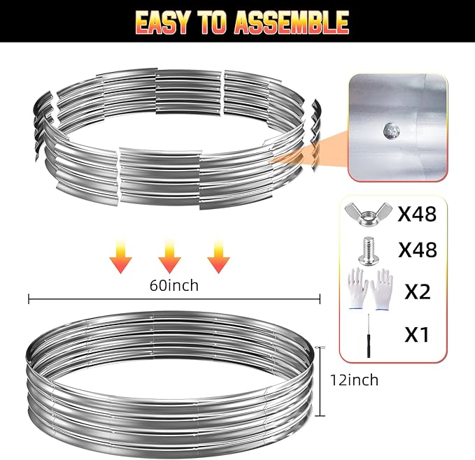 60 Inch Fire Pit Ring 5FT Galvanized Steel, 12" Raised Heavy Duty Wood Burning Fire Pits&Outdoor Fireplace, Heat Resistant Campfire Ring with Spark Guard, for Outdoor Backyard, Patio & Camping Use