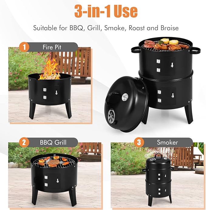 HAPPYGRILL 3-in-1 Charcoal Smoker Grill, Outdoor Vertical Charcoal Smoker with Built-in Thermometer & Adjustable Vent System, 2-Layer Separable BBQ Grills for Camping & Family Cooking