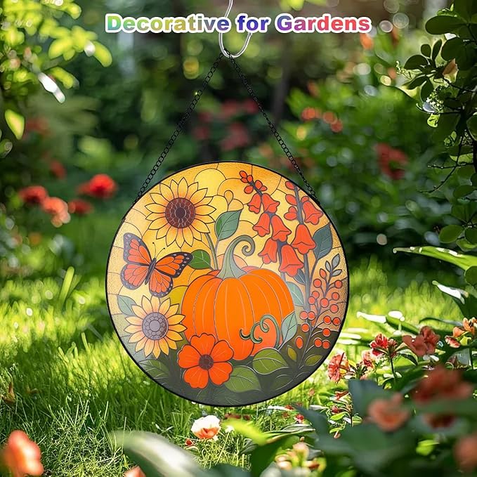 Pumpkin Suncatcher for Window Hanging - Stained Glass Window Hanging, Pumpkin Decor for Garden,Wall, Balcony, Fall Gift for Halloween(12 Inch)