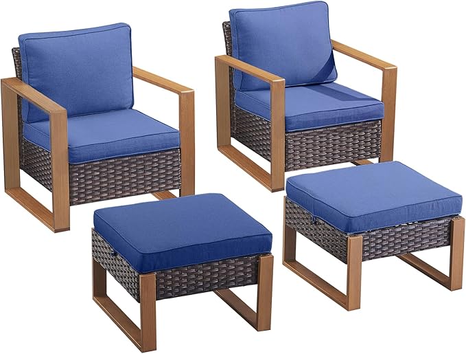 Rilyson Outdoor Wicker Patio Furniture Set - 4 Piece Patio Conversation Set with 2 Wicker Armrest Chairs,2 Rattan Ottoman, Sturdy Frame, Thick Cushions, Deep Seating(Brown/Blue)