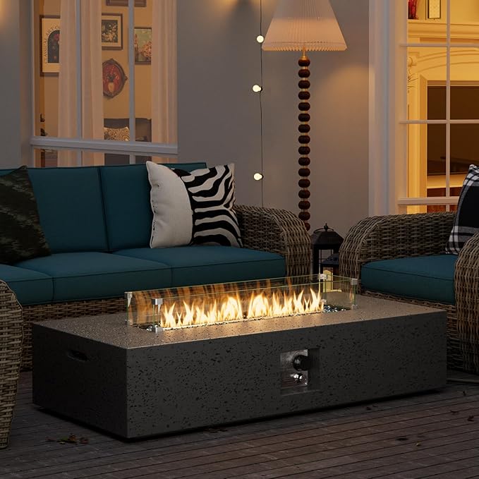 SUNBURY Outdoor Travertine Fire Pit Table, Propane Burning FirePit, 56x28 inch Square Patio Fire Table 50,000 BTU Fire Pit for Outside with Waterproof Cover and Blue Glass Stones, Light Gray