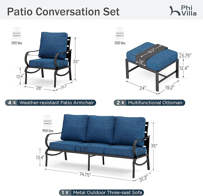 PHI VILLA 5 PCS Patio Furniture Set, Metal Deluxe Patio Set with 1 x 3 Seater Deep Seating Bench, 2 x Swivel Sofa Chairs & 2 x Metal Cushioned Ottoman, Outdoor for Garden, Peacock Blue