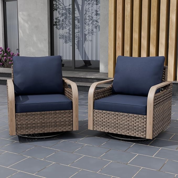 EAGLE PEAK Modern Wicker Outdoor Glider Rocking Chair, Swivel Rocker, Rattan Patio Furniture for Yard Deck Porch Garden, 2 Chairs, Brown/Blue