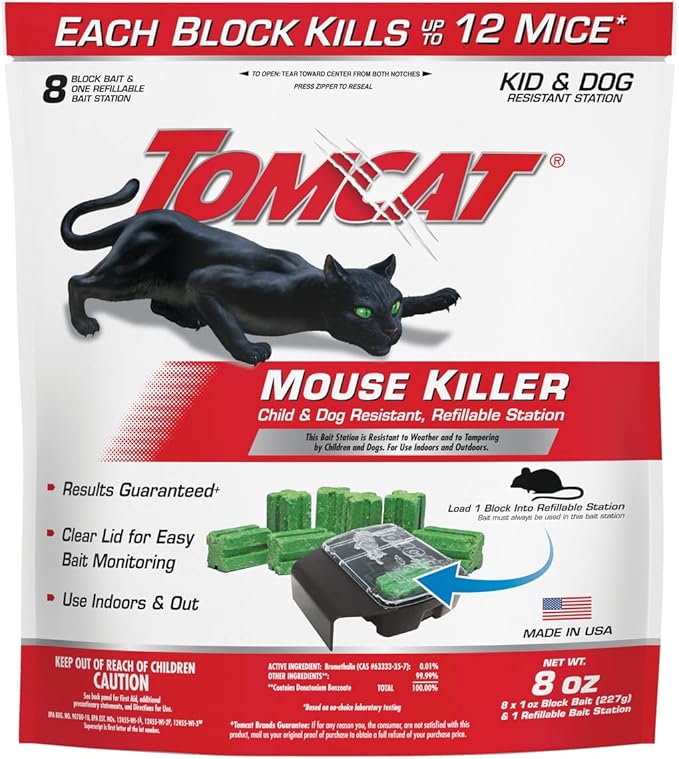 Tomcat Mouse Killer Child & Dog Resistant, Refillable Station for Indoor and Outdoor, 1 Station and 8 Poison Block Refills