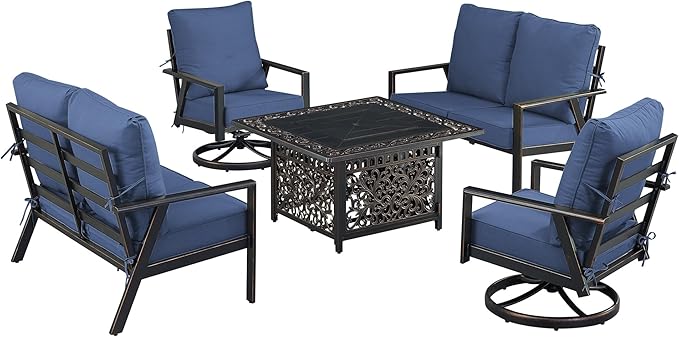 Oakland Living Black Aluminum Patio Fire Table Set with Two Deep Seating Loveseat with Cushions and Two Club Chairs with Blue Cushions
