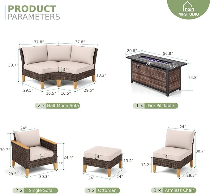 MFSTUDIO 10 Pieces Wicker Patio Furniture Set with 56" Fire Pit Table, Half-Moon Curved Outdoor Patio Sectional Sofas, Extra Large Rattan Outdoor Conversation Set for Garden, Backyard(Beige Cushion)