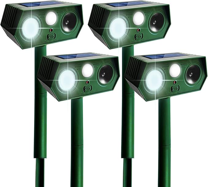 2025 Deer Repellent Devcies Solar Ultrasonic Animal Repellent Outdoor Waterproof Rabbit Repellent with PIR Motion Detection Flash Light for Dog, Cat, Bird, Squirrel, Skunk, Raccoon for Yard (4 Pack)