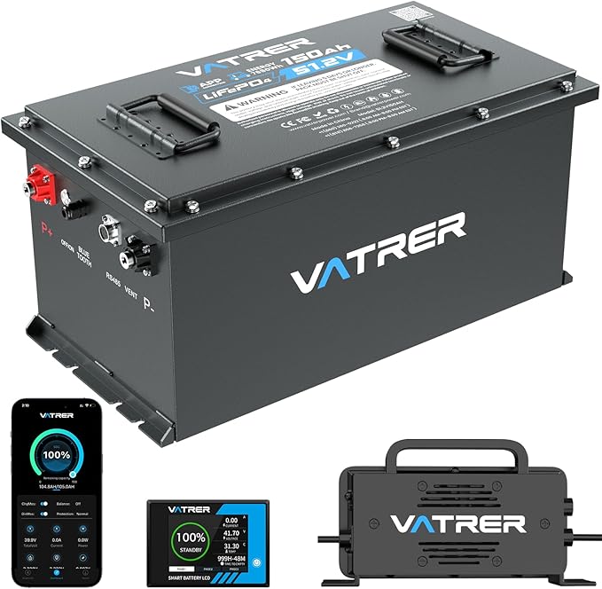 VATRER POWER 48V 150Ah Lithium Golf Cart Battery, Built-in Smart 200A BMS, with Touch Monitor & Mobile APP, 4000+ Cycles Rechargeable LiFePO4 Battery, Max 10.24kW Power Output, Perfect for Golf Carts