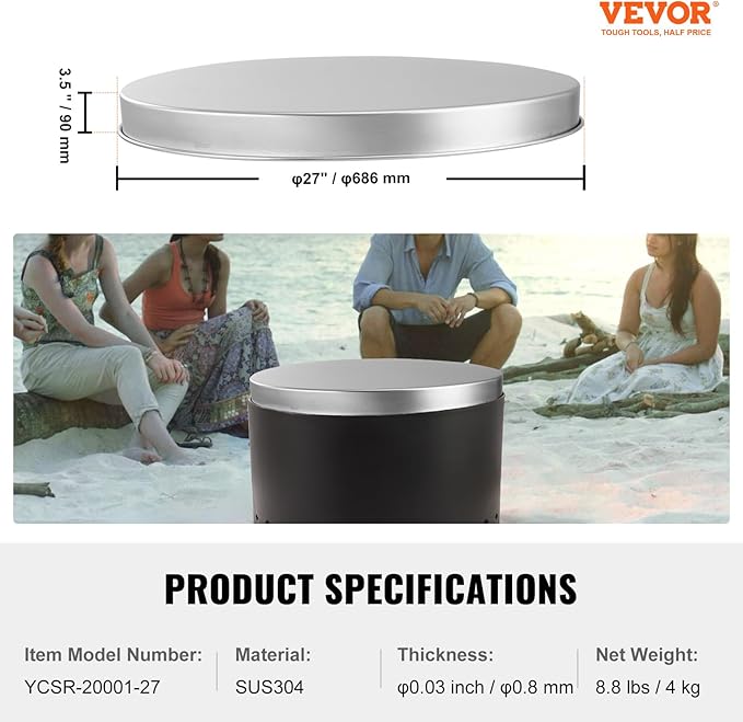 VEVOR Fire Pit Cover Lid, Compatible with The Solo Stove Bonfire 27" Portable Firepit Spark Screen,Stainless Steel Metal Cover, Wood Burning and Camping Stove Accessory, for Outdoor Patio Backyard