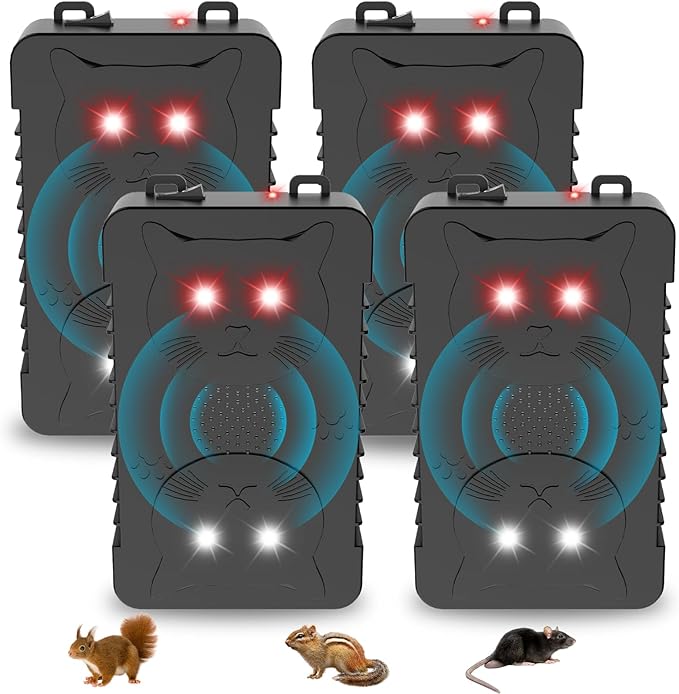 4Pack Ultrasonic Rodent Repellent for Car Engines,Under Hood Ultrasonic Mouse Repellent with 4 LED Strobe Lights,Plug-in&Battery Powered,Keep Rats,Mice,Squirrels Away from Vehicles,RVs,Garages,Attics