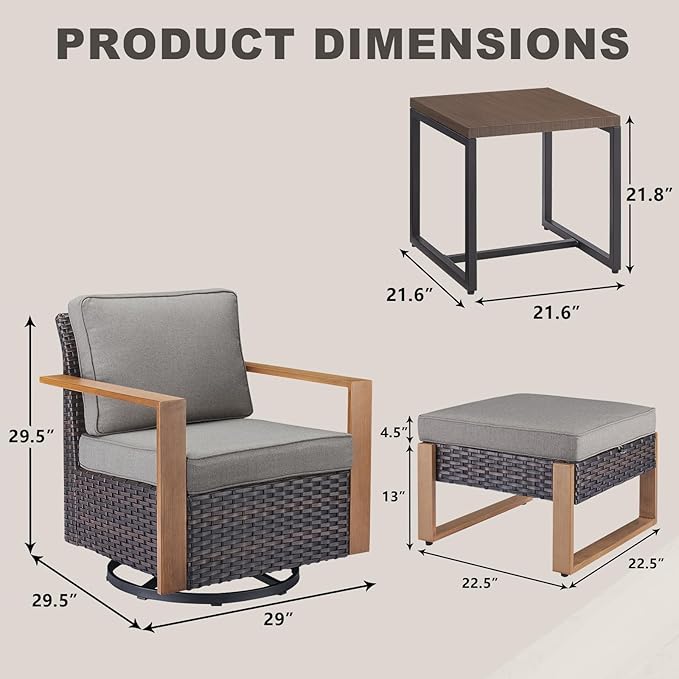 Rilyson Outdoor Wicker Patio Furniture Set - 5 Piece Patio Conversation Set with 2 Wicker Swivel Rocker Chairs,2 Ottoman, 1 Side Table, Thick Cushions, Deep Seating, Wide Armrest(Brown/Grey)
