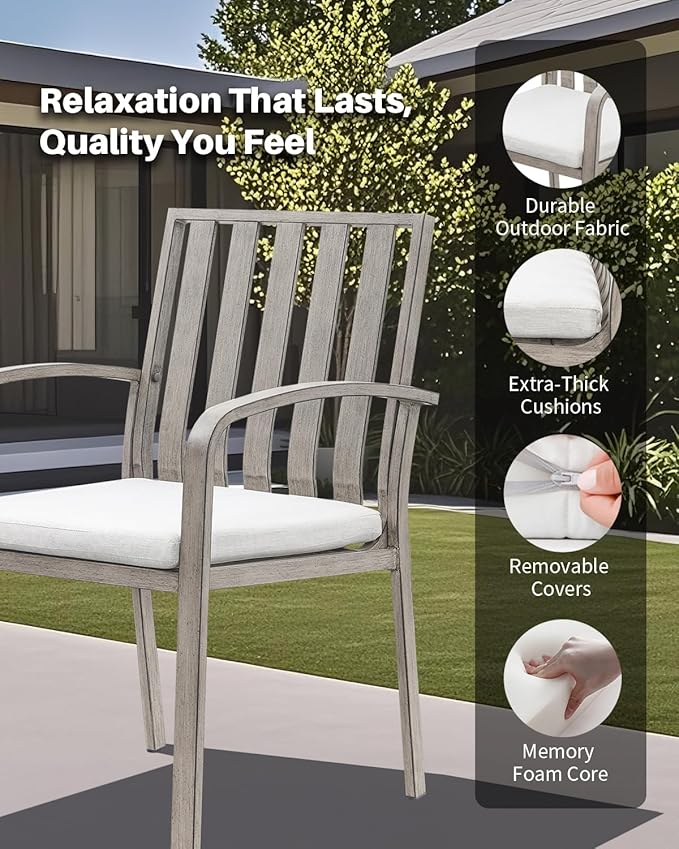 SEEHILL Patio Dining Chairs Set of 4, Aluminum Outdoor Dining Chairs with Polyester Seat Cushions, Deep Seating Outdoor Chairs for Table, Sturdy Patio Furniture Set for Deck, Garden, Pool, Limed Oak