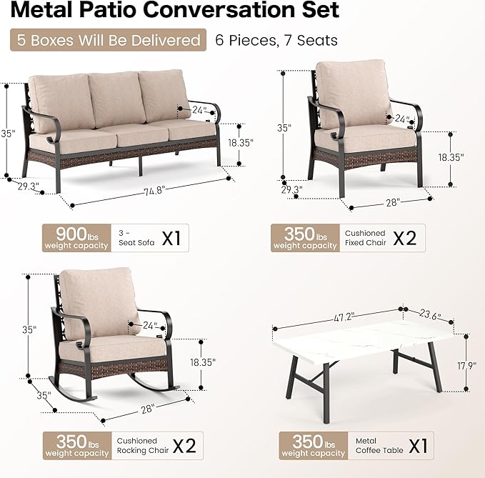 SUNSHINE VALLEY 6 Piece Metal Outdoor Patio Furniture Set, Patio Conversation Set 1 3-Seater Sofa, 2 Fixed Sofa, 2 Rocking Sofa with 5.75" Thick Cushion & Coffee Table Black Backyard Furniture, Beige