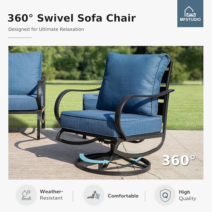 MFSTUDIO 7 Pieces Metal Patio Furniture Sets, 2 Swivel Chairs, 3-Seat Deep Seating Sofa, 2 Single Couch and 2 Ottoman, All Weather 9 Seats Outdoor Conversation Set for Garden Backyard, Peacock Blue