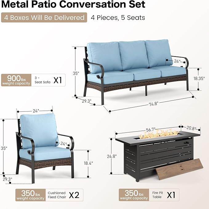 SUNSHINE VALLEY 4 Piece Black Metal Outdoor Patio Furniture Sets with Firepit Table, Patio Conversation Sets 1 3-Seater Sofa, 2 Single Sofa with 5.75" Thick Cushion Backyard Furniture for Deck, Blue